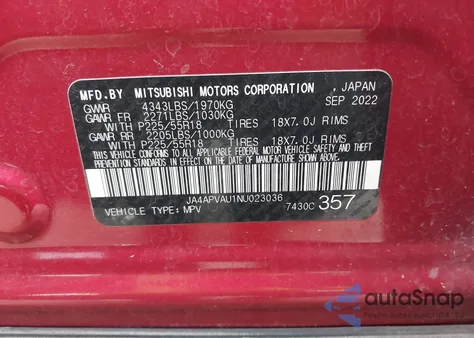 2022 Mitsubishi Outlander Sport from USA, damaged, VIN JA4APVAU1NU023036